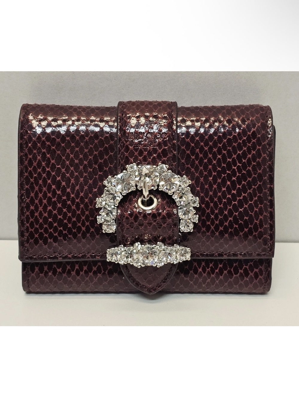 Jimmy Choo Burgundy lizard print wallet with Swarovski Crystal Buckle like new
